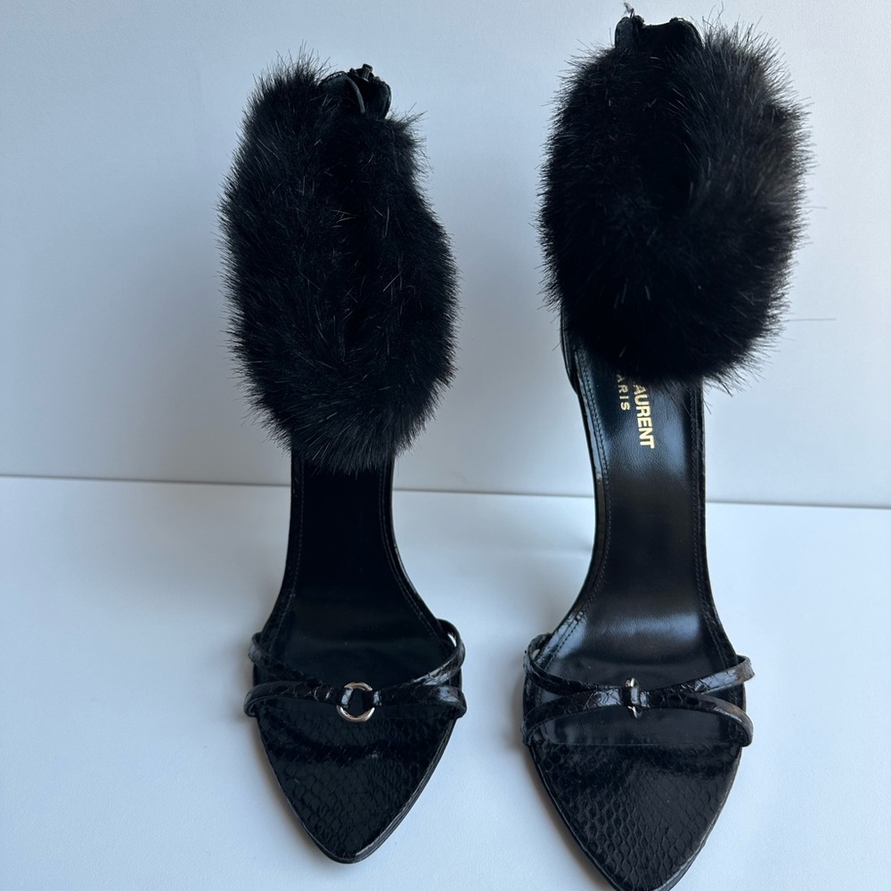 NEW!!!! SAINT LAURENT Gippy 110mm fur-trim sandals - Picture 2 of 12